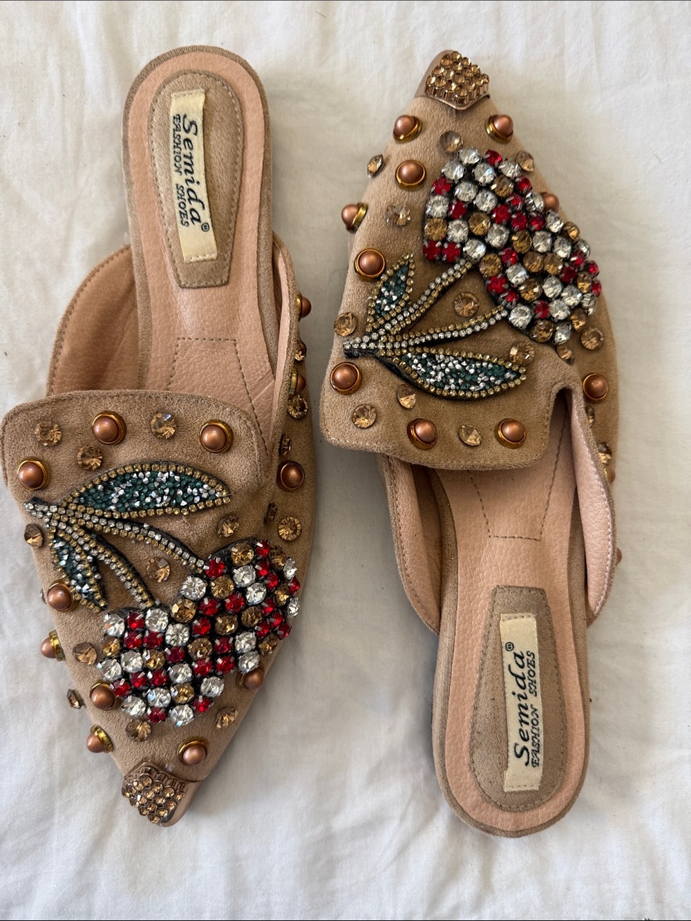 Embellished Beige Slip-On Mules with Crystal Floral Detail